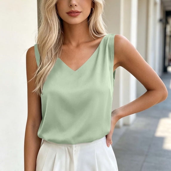 Gamivast V Neck Silk Shirts for Women Sleeveless Satin Tank Tops Casual Flowy Basic Camis Elegant Business Work Blouses Lightweight Summer Layering Undershirts Army Green M