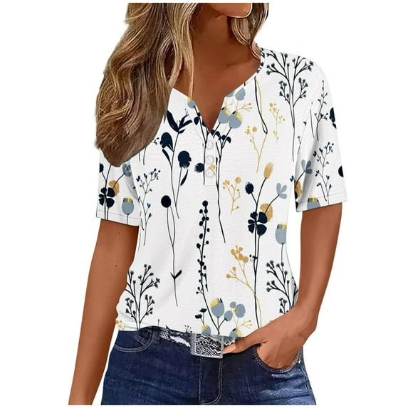 Gamivast V Neck T Shirts for Women Short/Long Sleeve Vinatge Floral Print Silk Blouses Dressy Casual Short Sleeve Summer Tops 2024 Vacation
