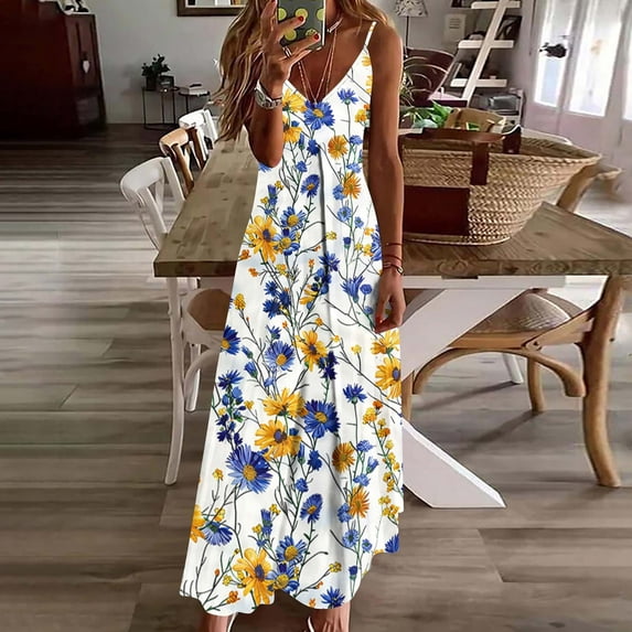 Gamivast Vacation Dresses for Women Loose Flowy Sleeveless Deep V Neck Slip Dress Spaghetti Strap Botanical Leaf Print Long Dress Beach Cruise Look