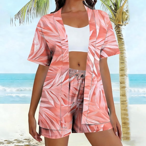 Gamivast Vacation Outfits for Women 2 Piece Tropical Leaf Print Kimono & Shorts Summer Sets Boho Open Front Cardigan Cover Up Beach Wear Suits