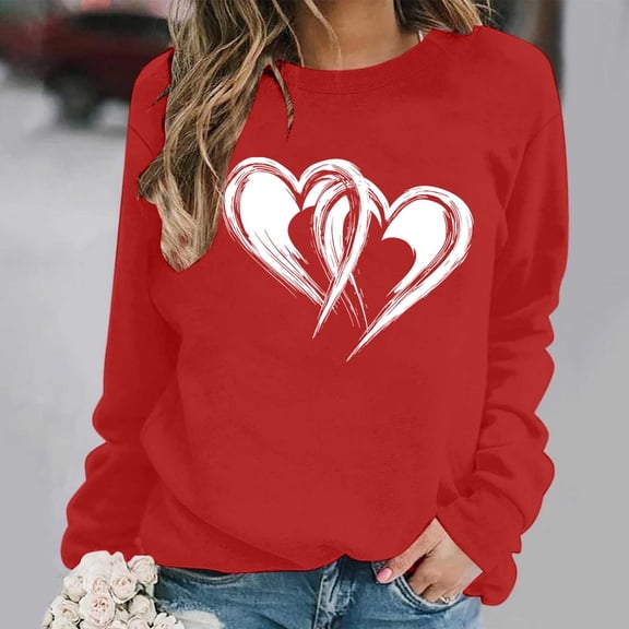 Gamivast Valentine Long Sleeve Shirts for Women Love Heart Graphic Crewneck Tops Cute Casual Drop Shoulder Party Pullover Valentine 's Day Outfit