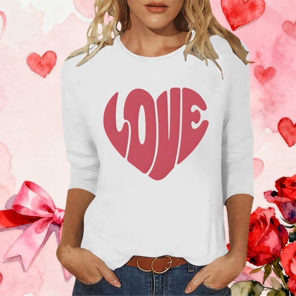 Gamivast Valentine Shirt for Women Cute Love Heart 3/4 Sleeve Casual Tee Tops Casual Loose Crew Neck Trendy Thsirts Holiday Tunic Pullover Spring Outfit