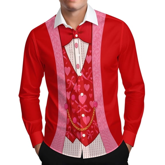 Gamivast Valentines Day Heart Long Sleeve Shirt for Men Funny Graphic Button Down Trendy Hawaiian Shirts Party Lapel Collar Holiday Blouses Valentines Outfits