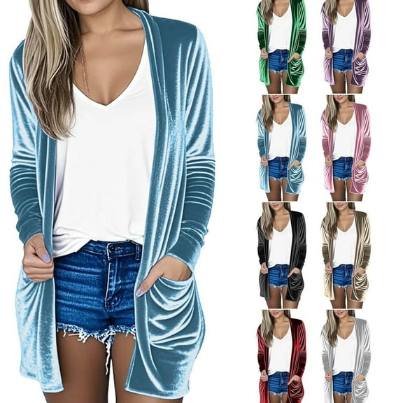 Gamivast Velvet Cardigan for Women Dressy Open Front Cardigans Trendy Fall Long Sleeve Jackets with Pockets Elegant Comfy Solid Color Coats Fall Fashion Outfits 2025
