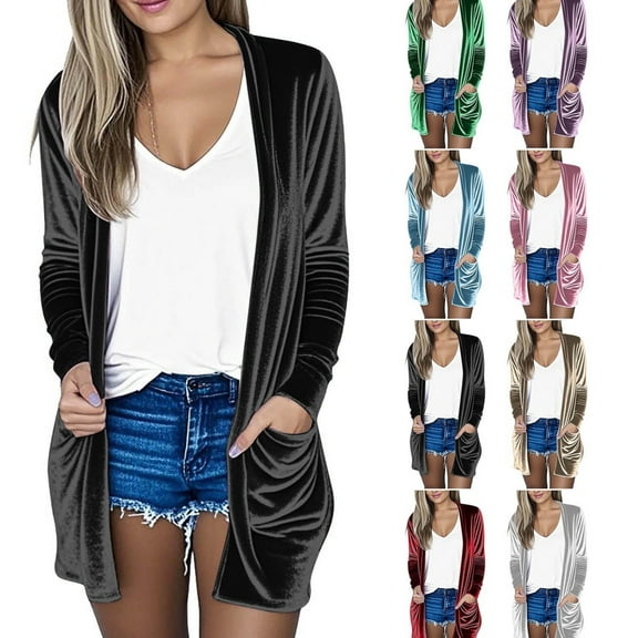 Gamivast Velvet Cardigan for Women Dressy Open Front Cardigans Trendy Fall Long Sleeve Jackets with Pockets Elegant Comfy Solid Color Coats Fall Fashion Outfits 2025