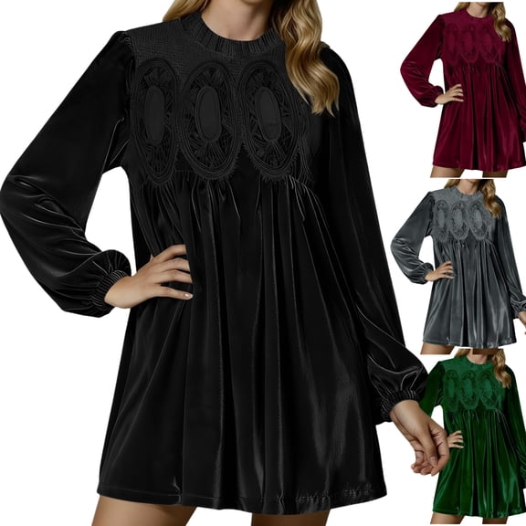 Gamivast Velvet Dress for Women Crochet Long Sleeve A-Line Swing Babydoll Mini Dresses Lace Overall Pleated Round Neck Cocktail Dress for Party Wedding