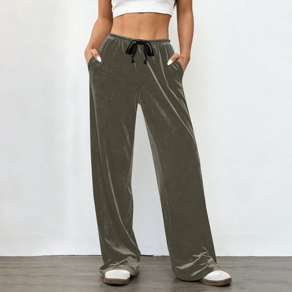 Gamivast Velvet Wide Leg Pants for Women Soft Drawstring Elastic Waist Flowy Relaxed Trousers with Pockets Casual Work Trouser Spring Holiday Outfits