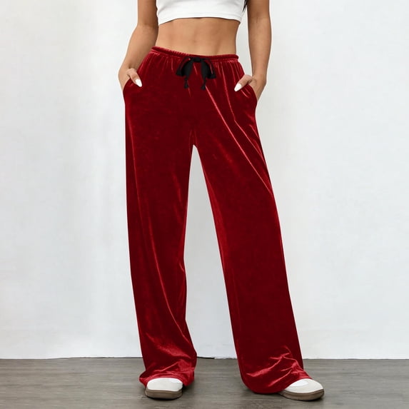 Gamivast Velvet Wide Leg Pants for Women Soft Drawstring Elastic Waist Flowy Relaxed Trousers with Pockets Casual Work Trouser Spring Holiday Outfits