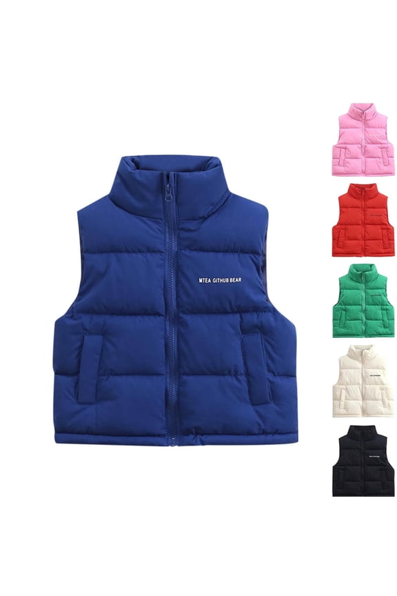 Vest for Kids Size 3-15 Letter Printed Loose Zip up Sleeveless Down Jackets with Pockets Winter Warm Stand Collar Puffer Coats Fashion Outerwear for Boys Girls Teen