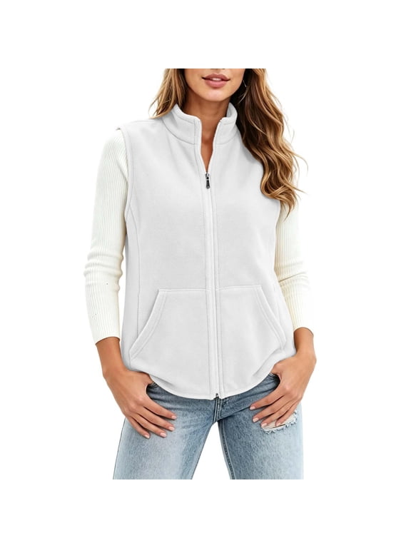 Vest Women Fleece Full Zip Sleeveless Jacket Stand Collar Winter Warm Outerwear with Pockets Casual Athletic Gilet for Outdoor