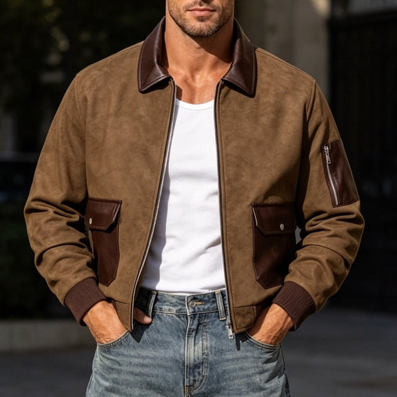 Gamivast Vintage Suede Bomber Jacket for Men Zip up Faux Leather Patchwork Coat Lightweight Casual Outerwear Windbreaker with Pockets for Fall Winter Activewear Brown M