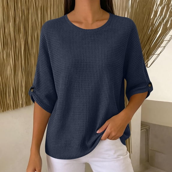 Gamivast Waffle Knit Shirts for Women 3/4 Sleeve Casual Basic Tops Crewneck Blouses Loose Fit Lightweight Fall Tunic Sweaters for Work Office Everyday Wear Navy L