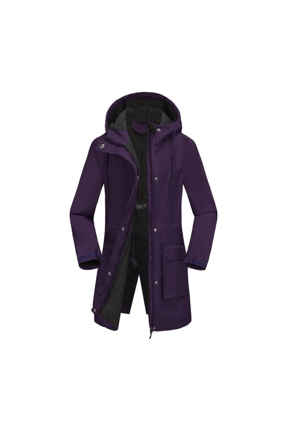 Warm Hooded Fleece Lined Waterproof Rain Jacket Women Outdoor Zip up Button Down Jackets with Multiple Pockets Hiking Long Sleeve Split Hem Parka Coats