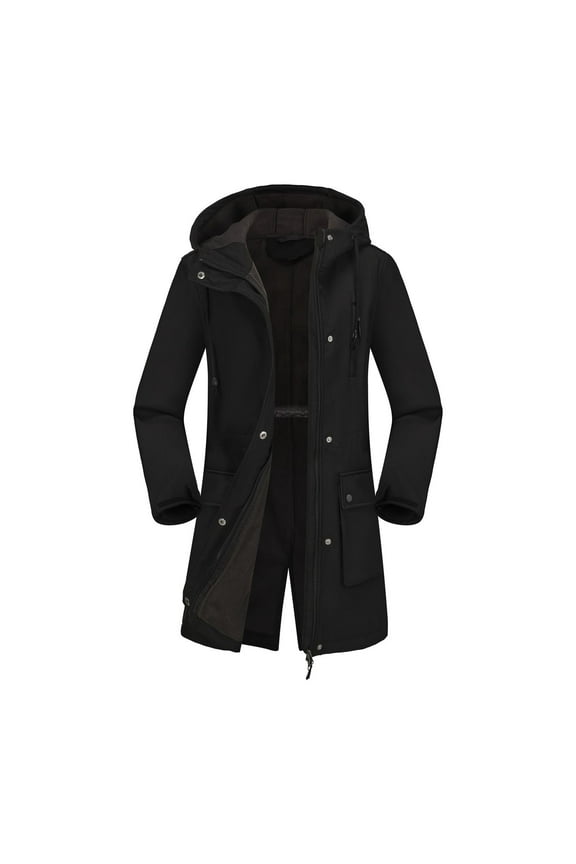 Warm Hooded Fleece Lined Waterproof Rain Jacket Women Outdoor Zip up Button Down Jackets with Multiple Pockets Hiking Long Sleeve Split Hem Parka Coats