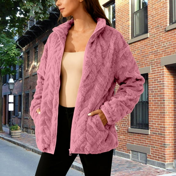 Gamivast Warm Jackets for Women Fuzzy Fleece Hooded Zip up Trendy Coats with Pockets Comfy Winter Long Sleeve Casual Jacket Basic Solid Outerwear