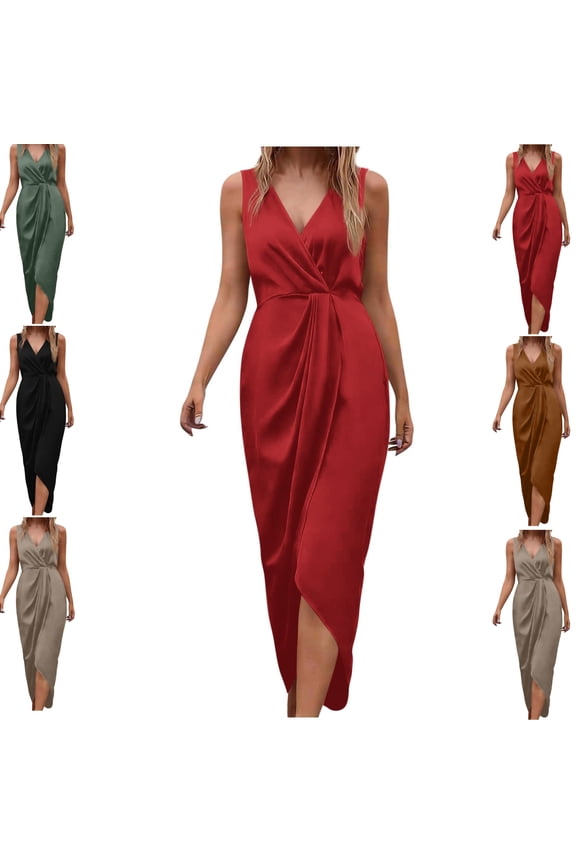 Wedding Guest Dresses for Women Sleeveless V-Neck Satin Ruched Formal Dress High Slit Wrap Midi Evening Dress Cocktail Party Date Night Club