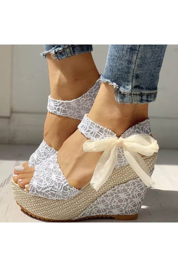 Wedge Sandals for Women Bow Knot Faux Leather Wedge Sandals Open Toe Thick-Soled Sandals Beach Vacation Travel Walking Daily Casual Footwear White 40
