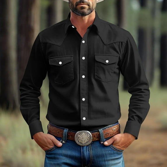 Gamivast Western Cowboy Shirts for Men Vintage Pearl Snap Button Down Work T-Shirt Men'S Casual Shirt Jacket with 2 Flap Pocket Black XXXXL or Clothes Under $ 5.00