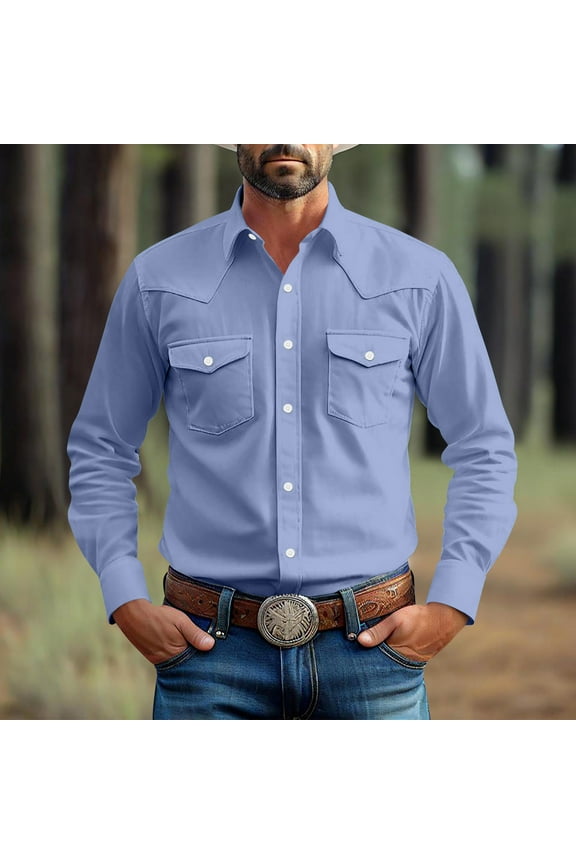 Western Cowboy Shirts for Men Vintage Pearl Snap Button Down Work T-Shirt Men'S Casual Shirt Jacket with 2 Flap Pocket Blue XL Clothes Recent
