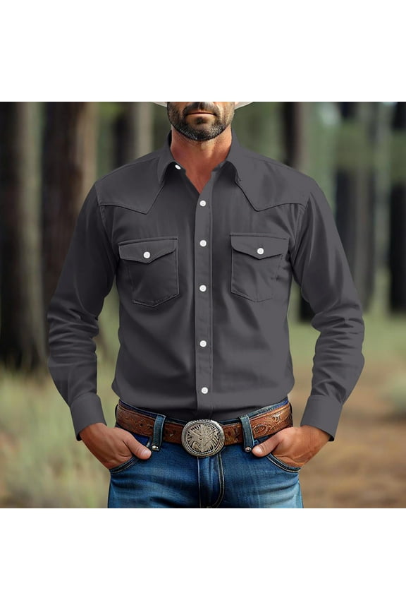 Western Cowboy Shirts for Men Vintage Pearl Snap Button Down Work T-Shirt Men'S Casual Shirt Jacket with 2 Flap Pocket Gray L Mens Recent