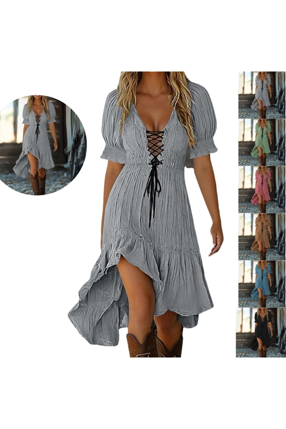 Western Dress for Women Lace Up V-Neck Puff Sleeve Summer Style High Low Gown Ruffle Swing Clothing Elegant Country Wear for Date Night Outfits