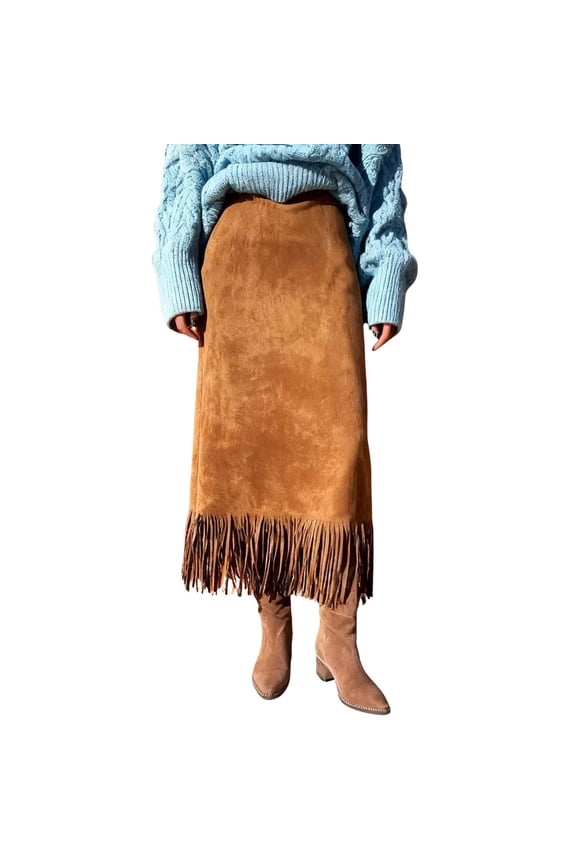 Western Dress for Women High Waist Suede Maxi Skirt Fringe Tassel Hem Midi Dress Boho Cowgirl Festival Style Winter Fall Evening Gown