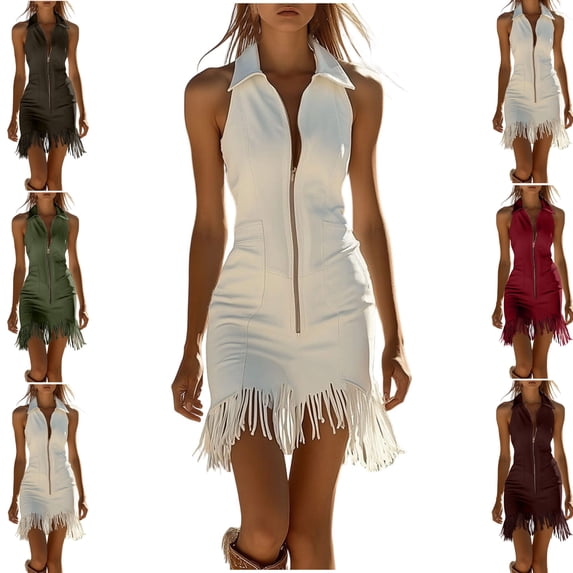 Gamivast Western Dress for Women Sleeveless Lapel Collar Zip Up Fringe Mini Dress Tassel Hem Bodycon Dress Slim Fit Cowgirl Country Concert Party