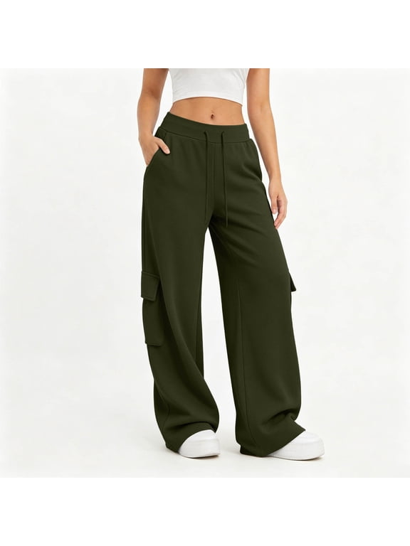 Wide Leg Cargo Pants for Women High Waisted Loose Fit Athletic Trousers with Side Flap Pockets Casual Lounge Track Pants for Outdoor Hiking Workout Activewear Army Green S