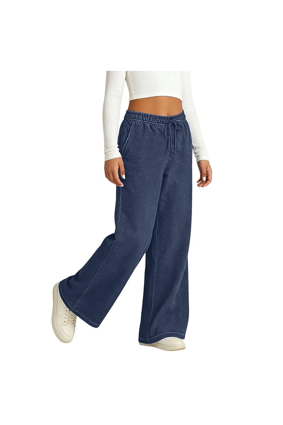 Wide Leg Jeans for Kids Girls Drawstring Mid Rise Elastic Waist Baggy Jeans with Pockets Drawstring Lightweight Relaxed Fit Flowy Pants Weekend Travel Streetwear Casual Wear