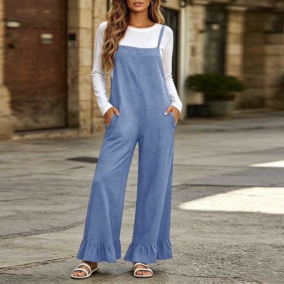 Gamivast Wide Leg Jumpsuit for Women with Pockets Sleeveless Spaghetti Strap Loose Fit Ruffle Hem Casual Romper Overalls Light Blue S