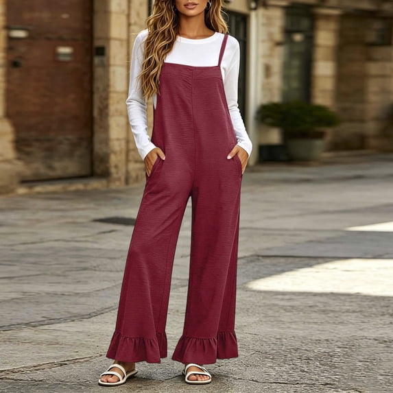 Gamivast Wide Leg Jumpsuit for Women with Pockets Sleeveless Spaghetti Strap Loose Fit Ruffle Hem Casual Romper Overalls Red M