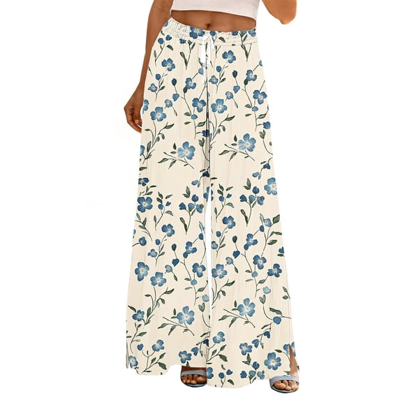 Gamivast Wide Leg Pants For Women Floral Sunflower Print Dstring Palazzo Pants Summer Boho Beach Pants Loose Flowy Vacation High Waist Wear