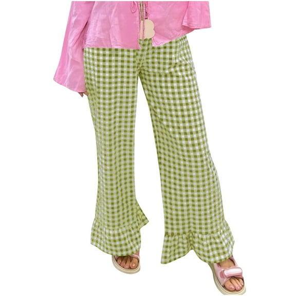 Gamivast Wide Leg Pants for Woman Y2K Plaid Elastic Waist Trousers Casual Work High Waist Ruffle Pant Casual Travel Straight Leg Activewear Sweatpants