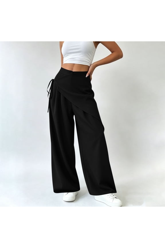 Wide Leg Pants for Women Wrap Front High Waisted Tie Side Full Length Palazzo Pants Loose Fit Pull-on Casual Pants Vacation Fashion Bottoms Black S