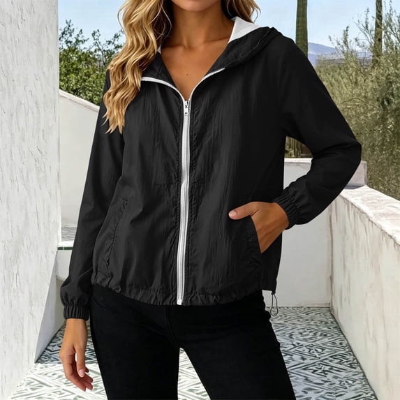 Gamivast Windbreaker Jacket for Women Lightweight Zip Up Athletic Running Rain Coat Casual Outdoor Activewear with Hood And Pockets Fall Outerwear Travel Hiking Black XL