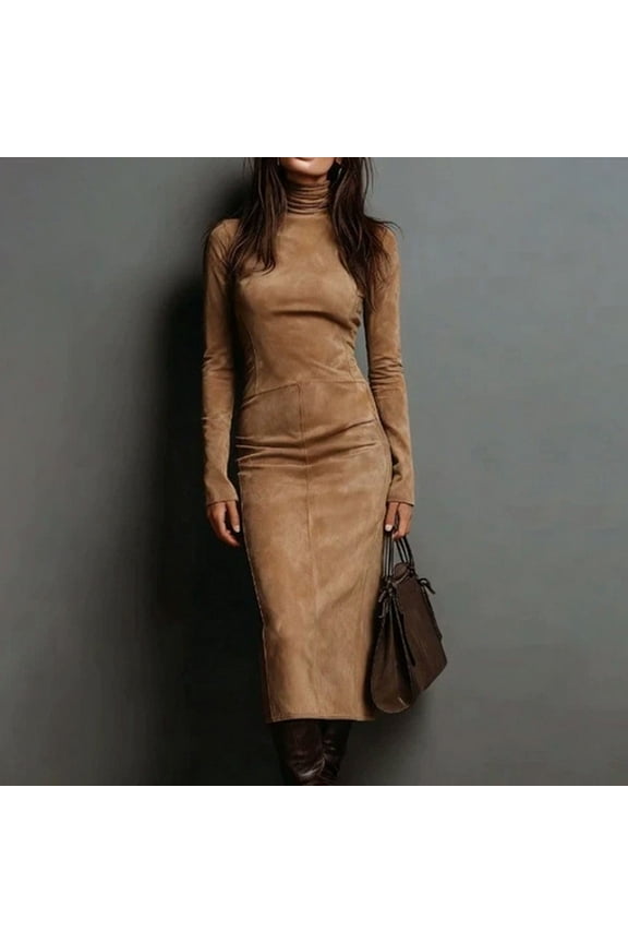 Winter Dresses for Women Mock Neck Long Sleeve Fitted Bodycon Dress Warm Midi Dress Faux Suede Slim Fit Solid Elegant Work Office Party Date Night