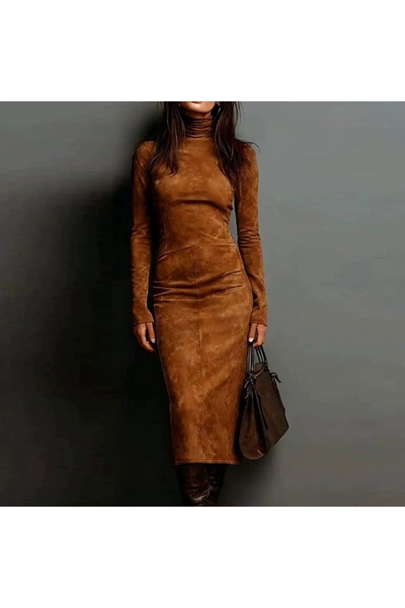 Winter Dresses for Women Mock Neck Long Sleeve Fitted Bodycon Dress Warm Midi Dress Faux Suede Slim Fit Solid Elegant Work Office Party Date Night