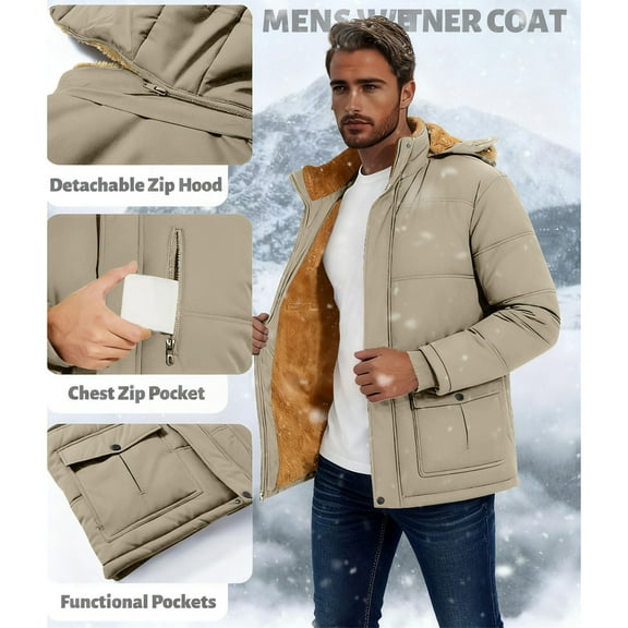 Gamivast Winter Jackets for Men Fleece Lined Stand Collar Faux Fur Hooded Warm Winter Jacket with Pockets Winter Full Zip Long Sleeve Button Down Sherpa Coats Cold Weather Outerwear