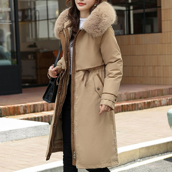 Gamivast Winter Jackets for Women Hooded Long Parka Zip up Faux Fur Collar Coat with Pockets Casual Outdoor Drawstring Waist Coats Winter Fashion Button Down Long Sleeve Outerwear