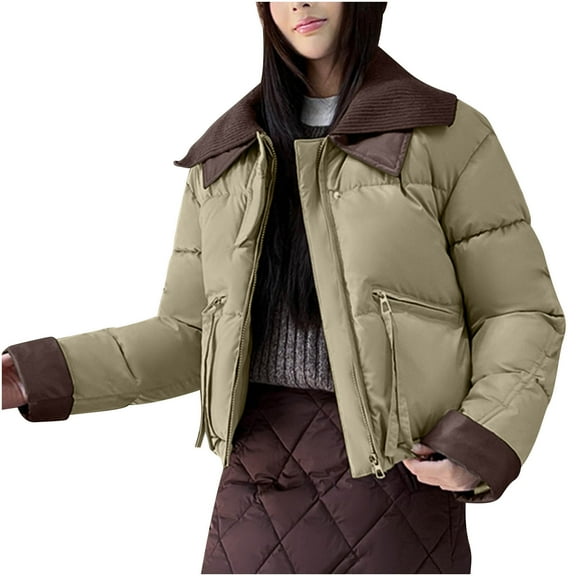 Gamivast Winter Quilted Jackets for Women Short Lapel Collar Full Zip Winter Coat with Zipper Pockets One Button Loose Fitting Outerwear Warm Comfortable Clothes