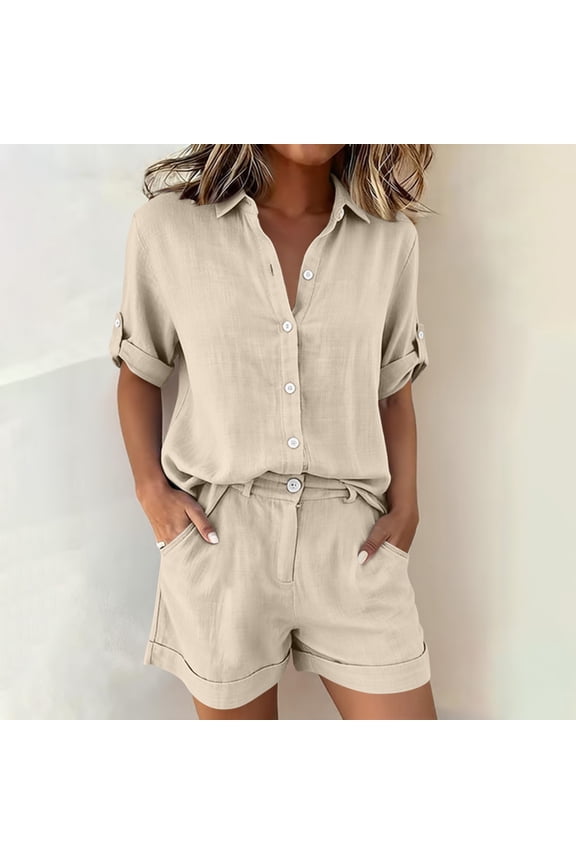 Women 2 Piece Linen Shorts Set Button Down Shirt and High Waisted Pull on Shorts Relaxed Fit Summer Lounge Matching Set with Pockets Vacation Outfits