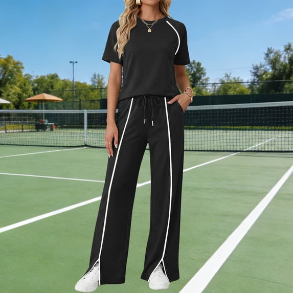 Gamivast Women 2 Piece Outfits Short Sleeve Top and Wide Leg Pants Athletic Glof High Waisted Drawstring Lounge Set Holiday Outdoor Contrast Trim Split Hem Casual Tracksuit