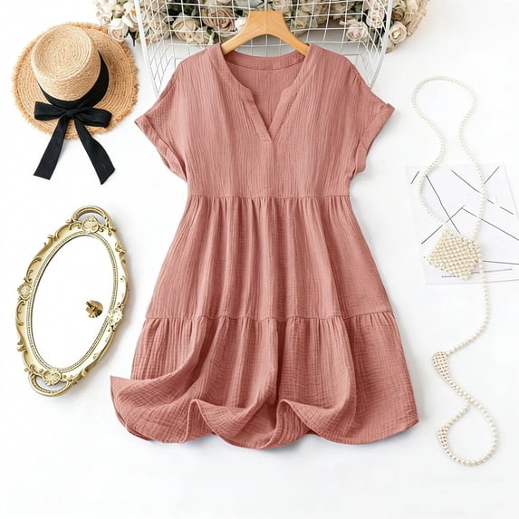 Gamivast Women Babydoll Dress V-Neck Short Sleeve Ruffle Hem Tiered Mini Loose Fit Summer Beach Casual Tunic Textured Cotton Feel Flowy Sun Dress