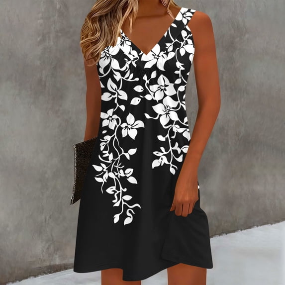 Gamivast Women Beach Dress Floral Print V-Neck Sleeveless A Line Tank Dress Summer Loose Fit Casual Daily Party Swing Fashion Flowy Sun Dress Gown