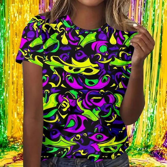 Gamivast Women Carnival Shirt Funny Graphic Crew Neck Short Sleeve T-Shirt Dressy Drop Shoulder Tunic Blouse Happy Mardi Gras Party Tee Tops