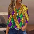 thumbnail image 1 of Gamivast Women Carnival Shirt Plus Size 3/4 Sleeve V Neck Sequin Mardi Gras Tops Casual Loose Button Tunic Blouses Happy Mardi Gras Day T-Shirt, 1 of 6