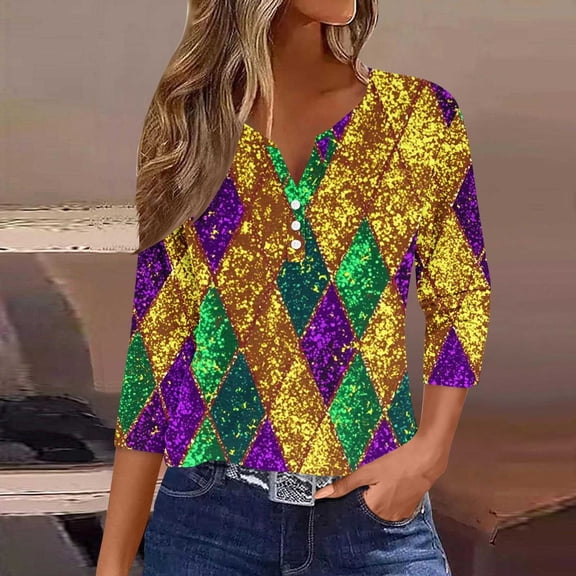 Gamivast Women Carnival Shirt Plus Size 3/4 Sleeve V Neck Sequin Mardi Gras Tops Casual Loose Button Tunic Blouses Happy Mardi Gras Day T-Shirt