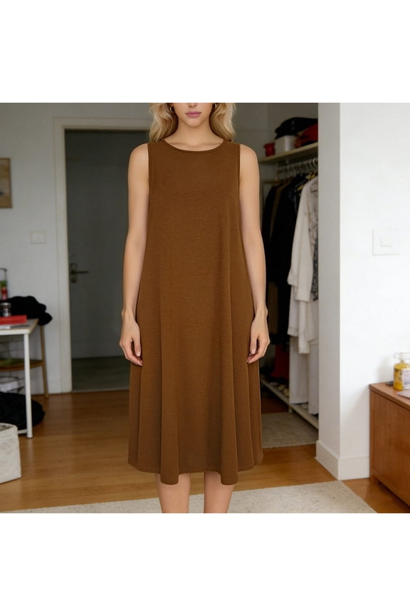 Women Casual Tank Dress Sleeveless Round Neck A Line Midi Dress Summer Beach Loose Fit Basic Solid Plain Flowy Daily Shift Sundress Fashion