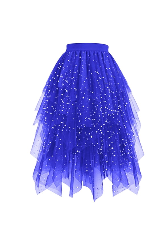 Women Dresses Star Sequin High Waist Midi Skirt Layered Mesh Fluffy Party Dress Fairy Costume Performance Gothic Cocktail Club