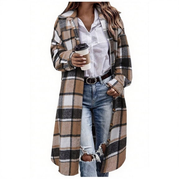 Gamivast Women Fall Flannel Plaid Shacket Long Button Down Stand Collar Jackets with Chest Pockets Casual Oversized Long Sleeve Side Split Coats Trendy Work Outerwear